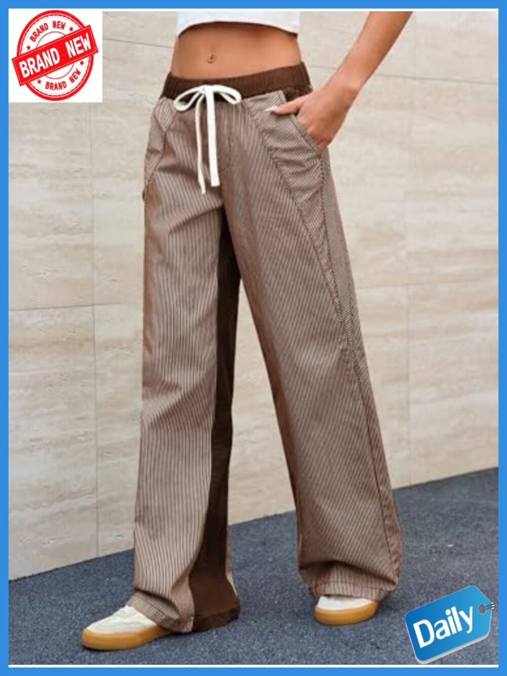 Women's Low Rise Striped Wide Leg Pants Boho Drawstring Cotton Palazzo - Picture 2 of 6